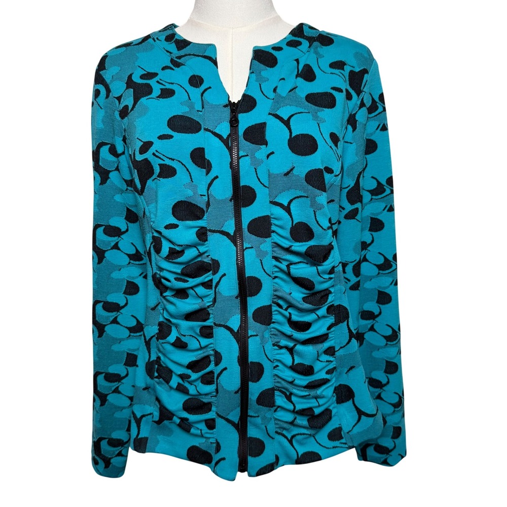 Cheryl Nash Womens Med Turquoise Black Ruched Zip Front Floral Jacquard Jacket